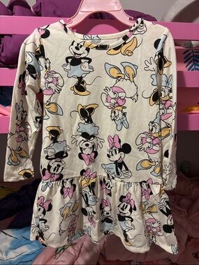 Cream Minnie & Daisy Print Long-Sleeve Dress with Pink Accents